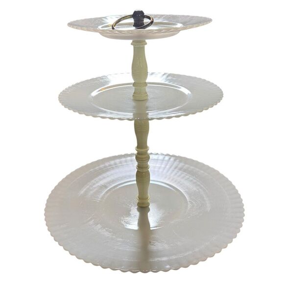 Depression MacBeth Evans Glass Petalware Monax White 3 Tiered Tidbit Server - Picture 1 of 11